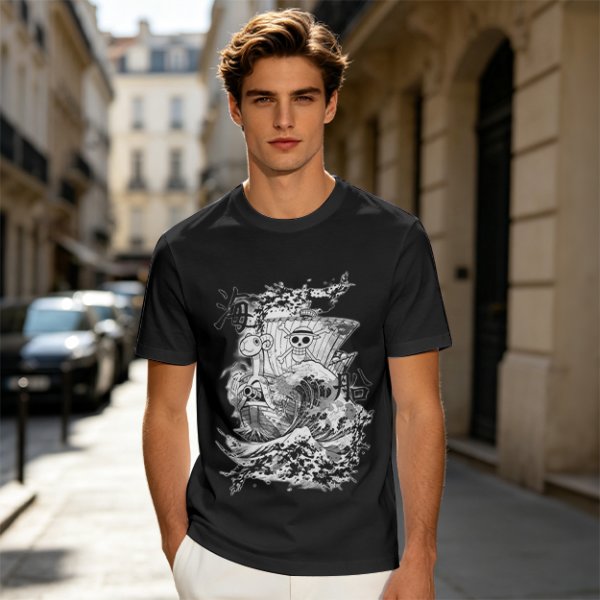 Olive T-shirt with One Piece Going Merry Ship Ink Art Print