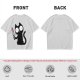 Olive T-shirt with a black cartoon cat holding a bloodied knife