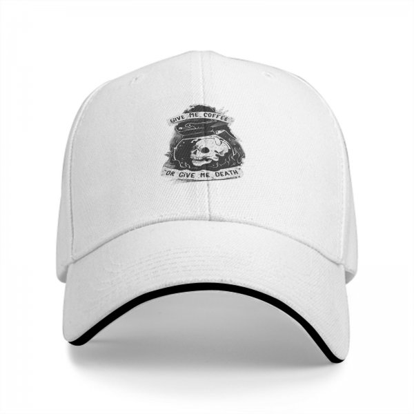 Black baseball cap with 'Give Me Coffee Or Give Me Death' skull graphic