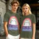 Olive graphic t-shirt with a white cat and 'I hate everyone equally' print