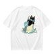 Olive T-Shirt With Black Cat Emerging From Wave Check Mark Print