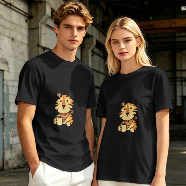 Olive Green T-Shirt with Cute Tiger Holding Coffee Mug Print