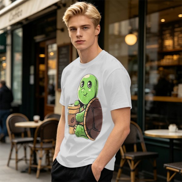 Olive Green T-Shirt With Cute Turtle Holding Coffee Cup Print