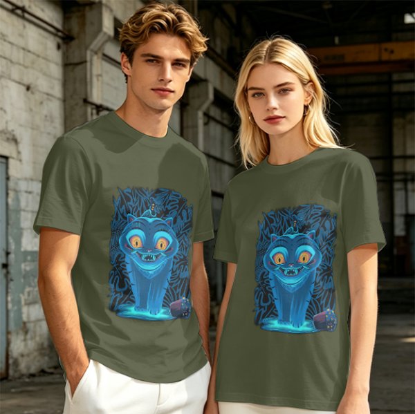 Olive T-shirt with Glowing Blue Cheshire Cat Graphic