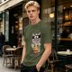 Olive green t-shirt with a ninja cat eating ramen graphic
