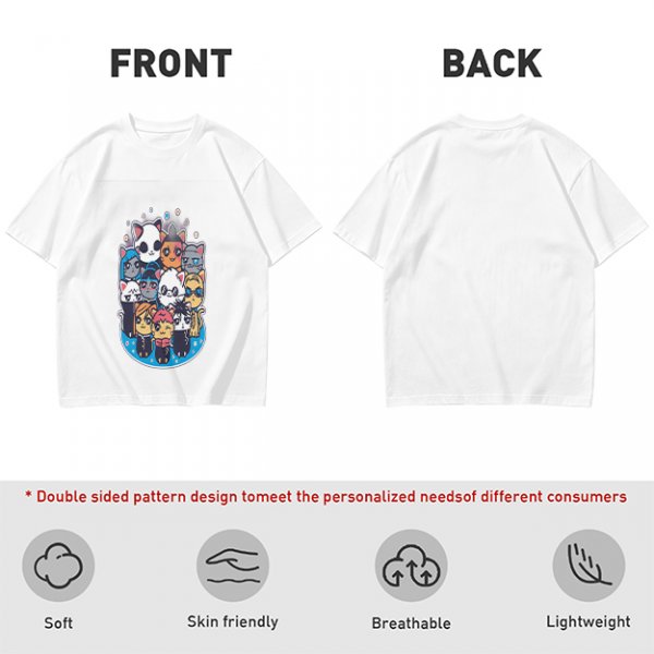 Olive T-Shirt With Cute Chibi Cat Character Group Print