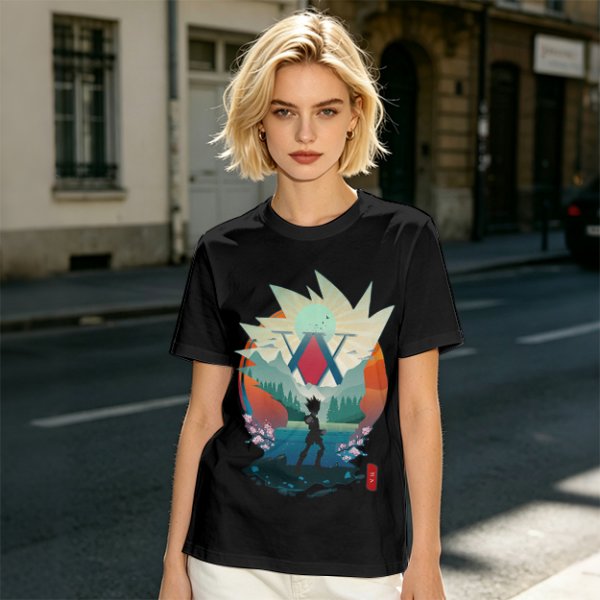 Hunter x Hunter Anime Graphic Tee with Sunset Landscape Art