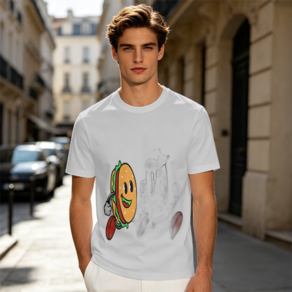 Olive T-Shirt With Cartoon Running Hamburger Character Print