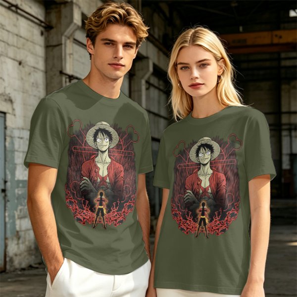 One Piece Luffy Graphic Print Olive T-Shirt