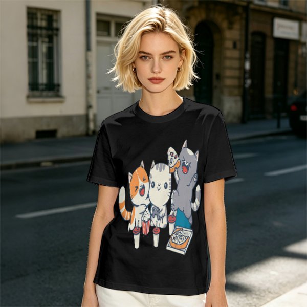 Olive T-Shirt With Cute Cats Enjoying Pizza And Snacks Print