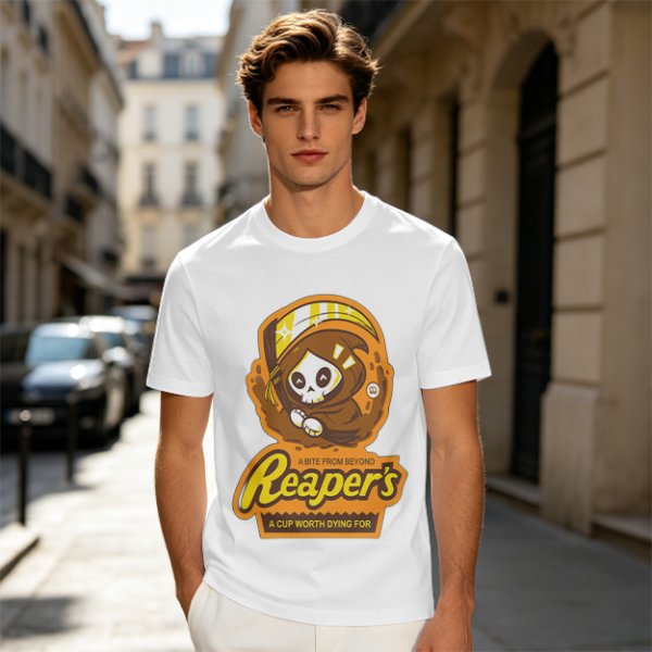 Olive green graphic t-shirt with cute reaper coffee themed print