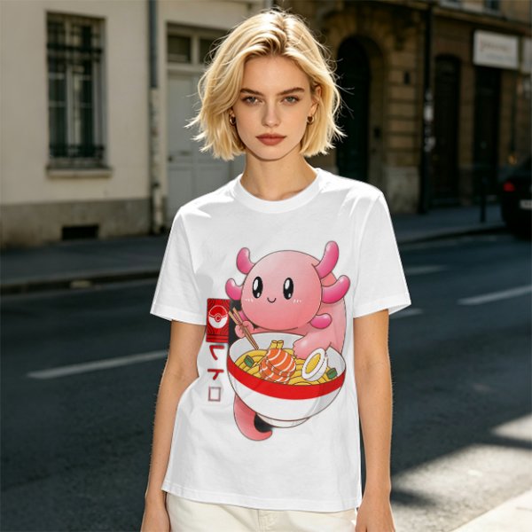 Olive T-Shirt Featuring a Cute Pink Axolotl Eating Ramen
