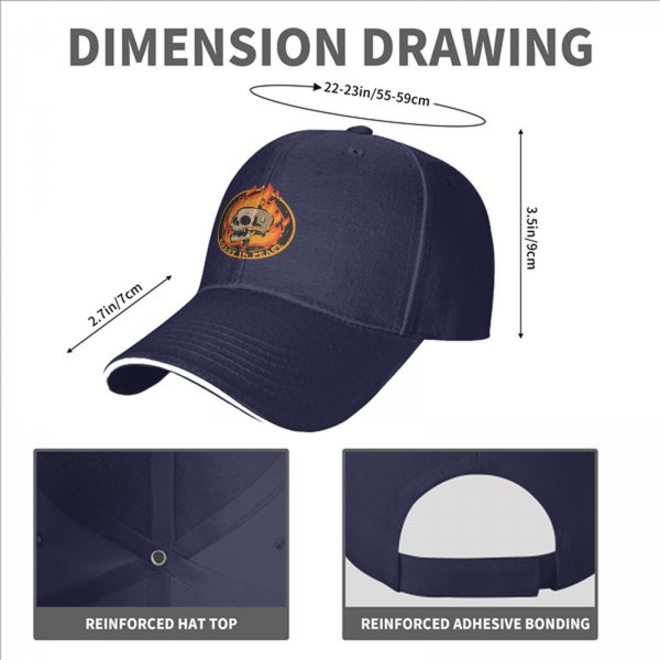 Black baseball cap with roast in peace skull and fire graphic