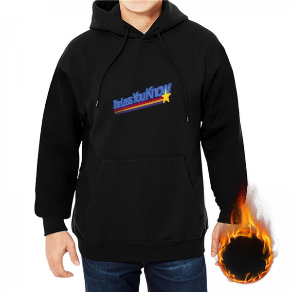 Black graphic hoodie with 'The Less You Know' retro star print