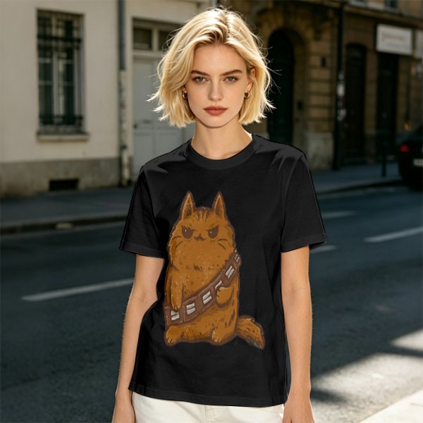 Olive green t-shirt with a grumpy cat in a Chewbacca-style bandolier print