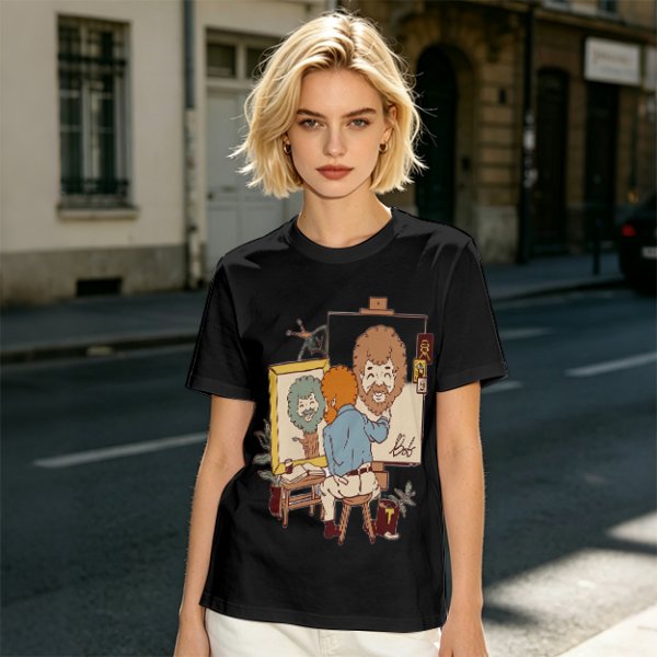 Olive Green T-Shirt With Cartoon Artist Painting Self Portrait Artwork