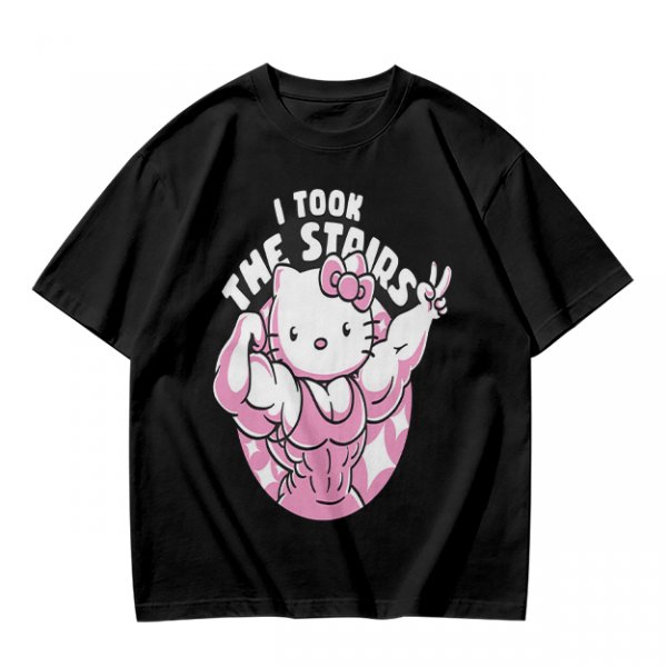 Olive t-shirt with muscular Hello Kitty graphic and 'I Took The Stairs' text