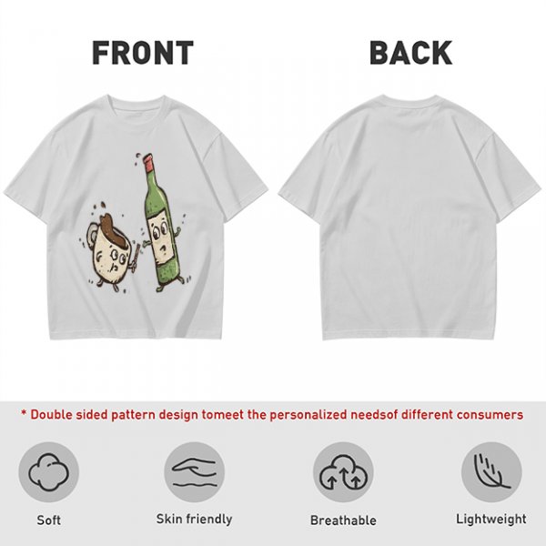 Olive T-Shirt With Cartoon Coffee Mug And Wine Bottle Print