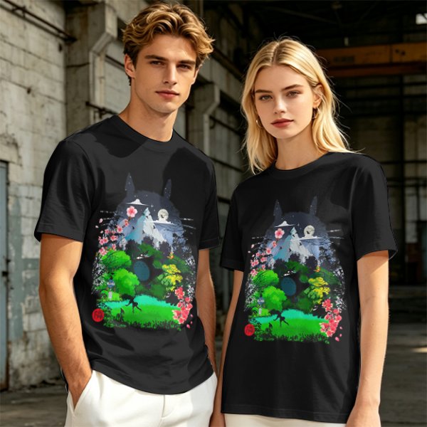 Olive Green T-Shirt with Totoro Nature Landscape Graphic Print