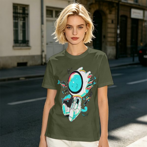Olive T-Shirt with Astronaut Cat and Fish Graphic Print
