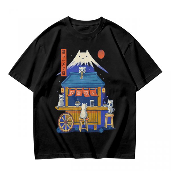 Olive t-shirt with cat ramen stall and Mount Fuji graphic