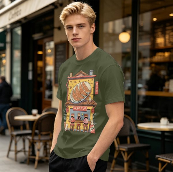 Olive T-Shirt With Cat Gyoza Restaurant Illustration