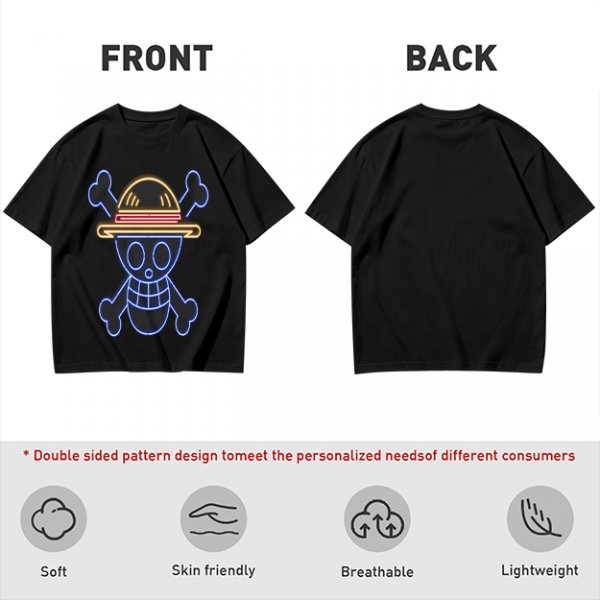 Olive T-Shirt with Neon Style Straw Hat Pirate Skull Print