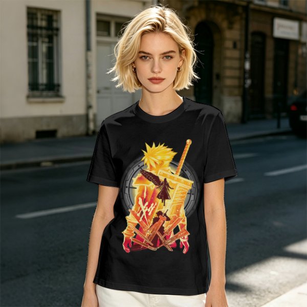 Final Fantasy VII Inspired Graphic T-Shirt with Character and Sword Art