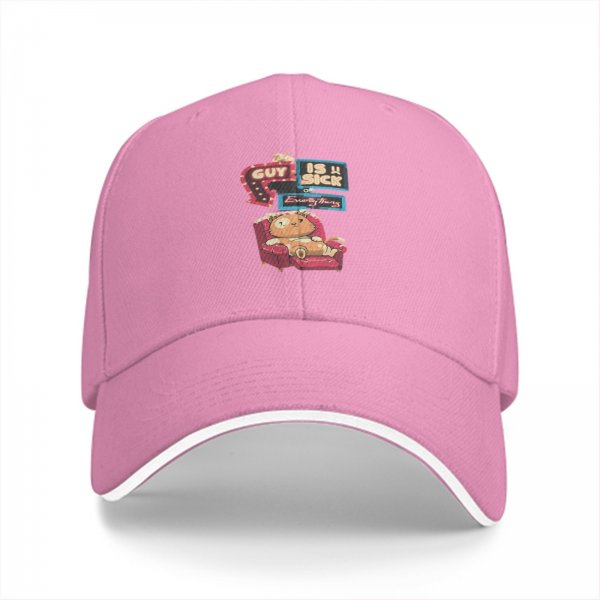 Black baseball cap with a cat lounging and text 'Guy is sick of everything'