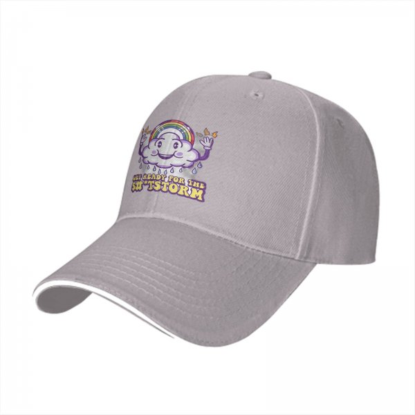 Black baseball cap with funny cloud rainbow storm graphic