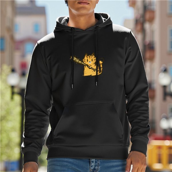 Black Hoodie With Cartoon Cat Holding Baseball Bat Graphic