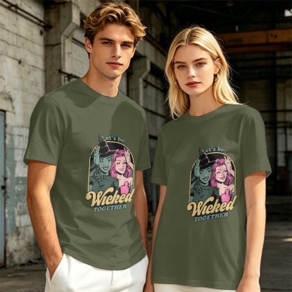 Olive green graphic t-shirt with 'Let's be Wicked Together' witch design