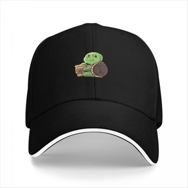 Black Baseball Cap With Cute Turtle Holding Coffee Cup Print
