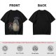 Olive T-shirt with Totoro and masked figure under umbrellas print