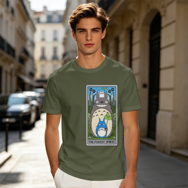 Olive T-shirt with My Neighbor Totoro Forest Spirit Tarot-style Print