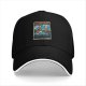 Black baseball cap with Stranger & Hobbs Upside Down Adventures graphic print