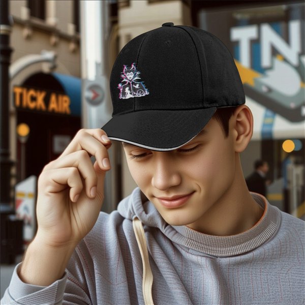 Black baseball cap with glitch-style Maleficent graphic print