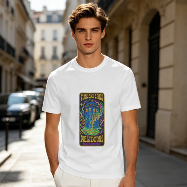 Olive T-Shirt with Psychedelic Time and Space Meltdown Tardis Art
