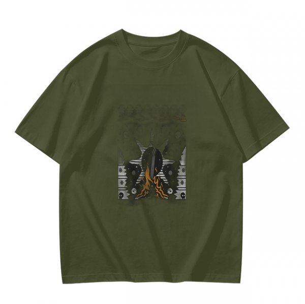 Olive green graphic t-shirt with symmetrical dark and orange artwork