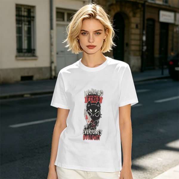 Olive Graphic T-Shirt With Tired Cat Holding Knife Slogan