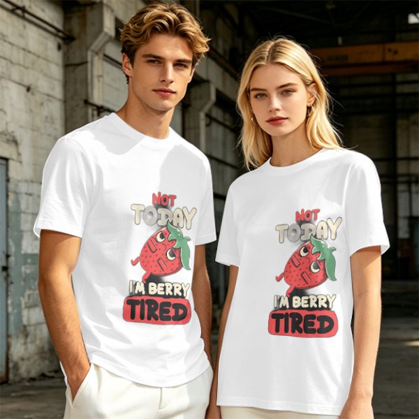Olive T-Shirt with 'Not Today I'm Berry Tired' Strawberry Print