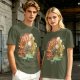 Olive Green T-Shirt with Whimsical Nature Floral and Rock Art Print