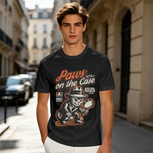 Olive t-shirt with detective cat 'Paws on the Case' graphic
