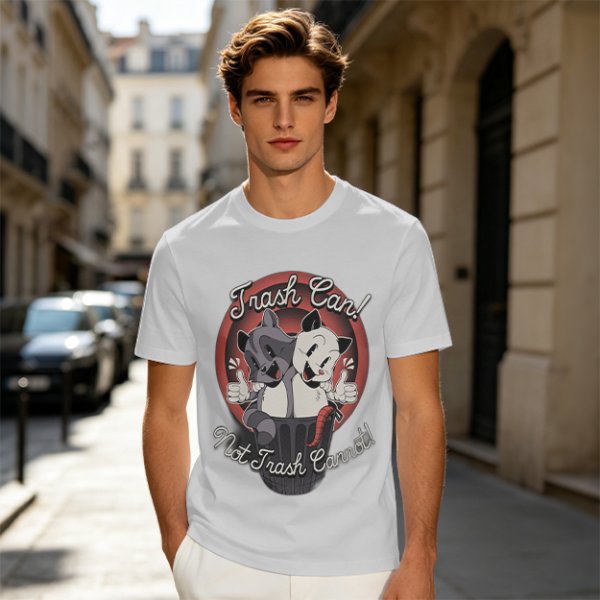 Olive t-shirt with retro cartoon raccoon and dog trash can print