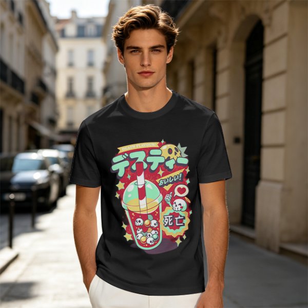 Olive t-shirt with spooky skull bubble tea graphic and Japanese text