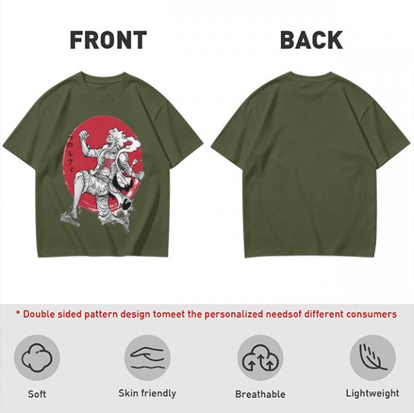 Olive T-shirt with Luffy Gear 5 Sun God Nika Anime Print