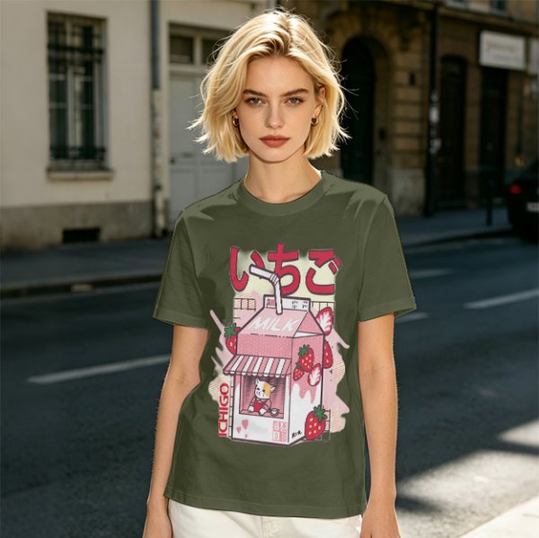 Olive T-Shirt with Strawberry Milk Carton Cat Shop Graphic