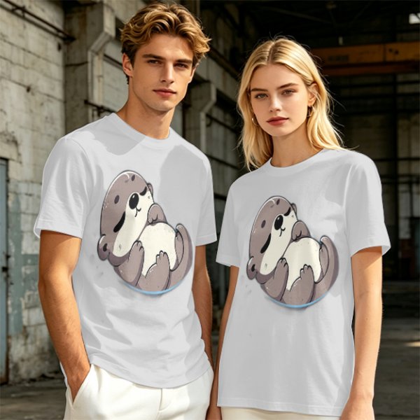 Olive Green T-Shirt with Cute Sleeping Otter Graphic