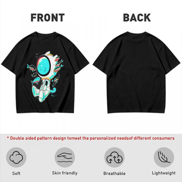 Olive T-Shirt with Astronaut Cat and Fish Graphic Print