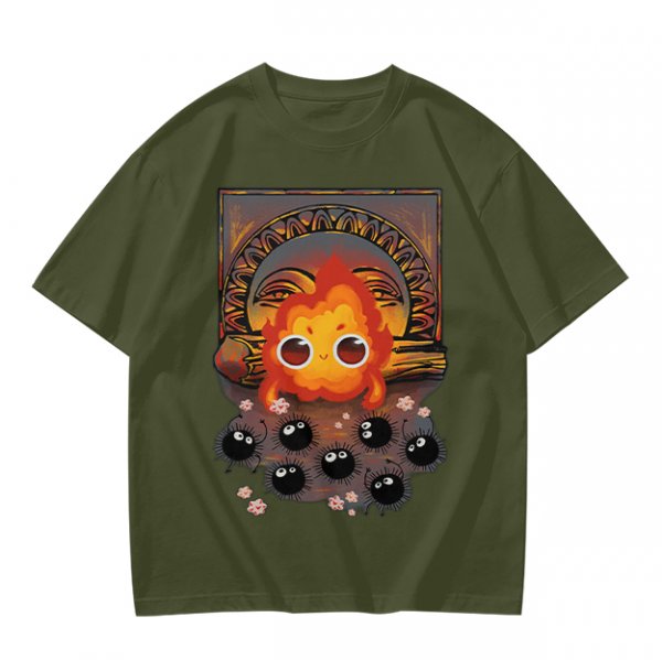 Olive t-shirt with Calcifer and soot sprites graphic print